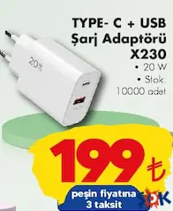 NEOWİSE TYPE-C+USB ŞARJ ADAPTÖRÜ X230 fiyat ve kampanya bilgisi